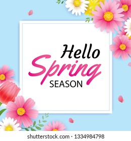 Hello spring greeting card and invitation with blooming flowers background template. Design for decor, flyers, posters, brochure, banner.