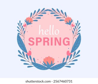 Hello spring greeting card invitation. Floral springtime hand drawn illustration.