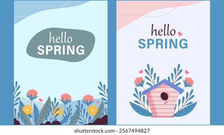 Hello spring greeting card invitation. Floral springtime hand drawn illustration.