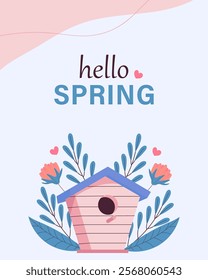 Hello spring greeting card invitation with birdhouse. Floral springtime hand drawn illustration.