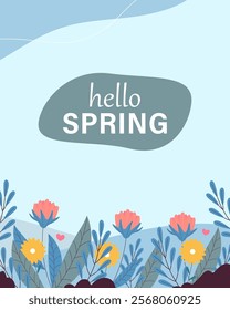 Hello spring greeting card invitation. Floral springtime hand drawn illustration.