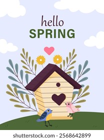 Hello spring greeting card invitation with birdhouse. Floral springtime hand drawn illustration.