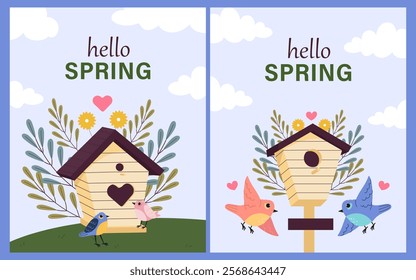 Hello spring greeting card invitation with birdhouse. Floral springtime hand drawn illustration.