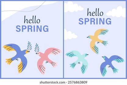 Hello spring greeting card invitation with birds. Floral springtime hand drawn illustration.