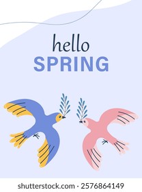 Hello spring greeting card invitation with bird couple. Floral springtime hand drawn illustration.