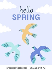 Hello spring greeting card invitation with bird. Floral springtime hand drawn illustration.