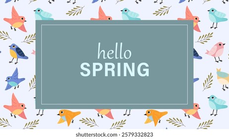 Hello spring greeting card invitation with bird. Floral springtime hand drawn illustration.