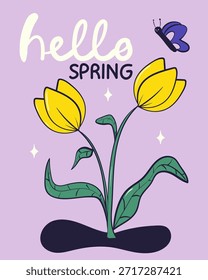 Hello spring greeting card invitation with colorful tulips. Floral springtime hand drawn illustration.