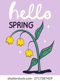 Olá convite de cartão de saudação primavera com flores brilhantes. Ilustração desenhada à mão da primavera floral.