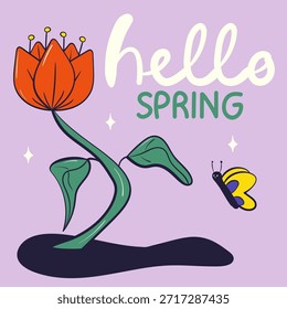 Hello spring greeting card invitation with tulip. Floral springtime hand drawn illustration.