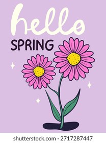 Olá convite de cartão de saudação primavera com flor colorida. Ilustração desenhada à mão da primavera floral.