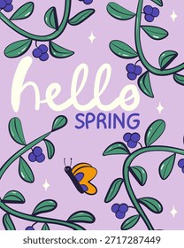 Hola invitación de tarjeta de felicitación de primavera con rama de baya y mariposa. Floral primavera dibujado a mano ilustración.