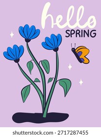 Olá convite de cartão de saudação primavera com flores brilhantes. Ilustração desenhada à mão da primavera floral.