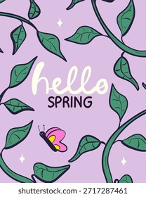 Hola invitación de tarjeta de felicitación de primavera con ramas y mariposa. Floral primavera dibujado a mano ilustración.