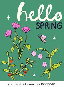 Hola invitación de tarjeta de felicitación de primavera con flores brillantes. Floral primavera dibujado a mano ilustración.