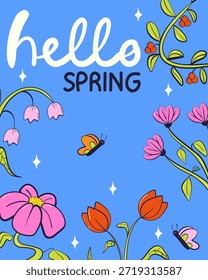 Hola invitación de tarjeta de felicitación de primavera con flores brillantes. Floral primavera dibujado a mano ilustración.