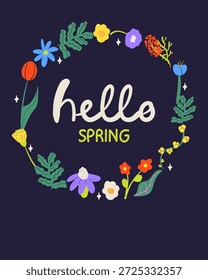 Hola invitación de tarjeta de felicitación de primavera con flores dibujadas a mano. Ilustración floral de primavera.