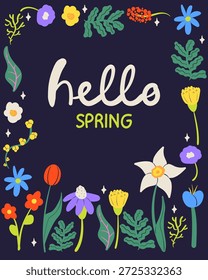 Hola invitación de tarjeta de felicitación de primavera con flores dibujadas a mano. Ilustración floral de primavera.
