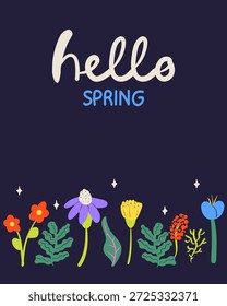 Hola invitación de tarjeta de felicitación de primavera con flores dibujadas a mano. Ilustración floral de primavera.