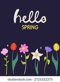 Hola invitación de tarjeta de felicitación de primavera con flores dibujadas a mano. Ilustración floral de primavera.