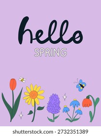 Olá convite de cartão de saudação primavera com flores desenhadas à mão. Ilustração floral da primavera.
