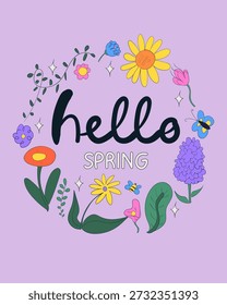 Olá convite de cartão de saudação primavera com flores desenhadas à mão. Ilustração floral da primavera.