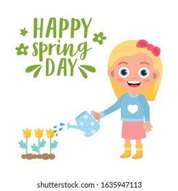 Hello Spring greeting card. The kid is watering the flowers. A little girl enjoys spring. Cute children's illustration.
