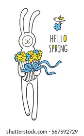 Hello spring greeting card. Little bunny rabbit  holds a big bunch of  wildflowers tied up with a blue ribbon and bowknot. Cute hand drawn animal character design and graphic elements for kids. 