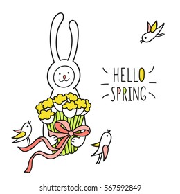 Hello spring greeting card. Little bunny rabbit holds a big bunch of white tulips tied up with a pink ribbon and bowknot. Cute hand drawn animal character design and graphic elements for kids. 
