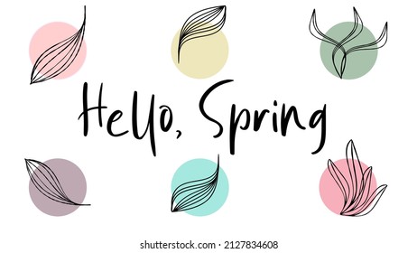 Hello Spring greeting card with multicolour circles and leaves outlines