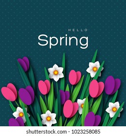 Hello Spring greeting card with paper cut tulip flower and narcissus. Vector illustration.