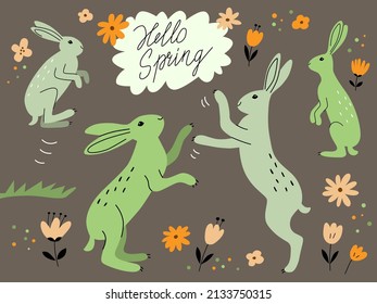 Hello spring greeting card. Playing hares, set. Vector illustration in trendy flat style. Single isolated decor elements. Vector EPS clip art design.