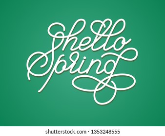 Hello Spring Greeting Card. Spring post card, invitation, poster design templates. Calligraphy Quotes. Hand drawn vector illustration. Hand draw lettering cards. Isolated on green background