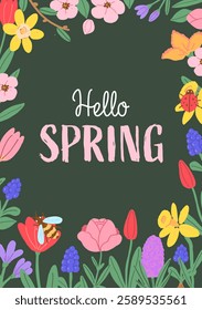 Hello Spring Greeting Card. Postcard with Hand Drawn Spring Flowers. 