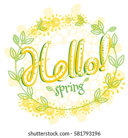 Hello Spring Greeting Card Poster with Shining Suns and Green Leaves. Welcoming the Springtime Vector Illustration