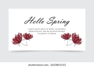 Hello Spring greeting card with red flower and white background