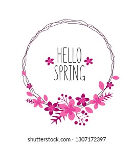 Hello spring greeting card in a round frame with pink and purple flowers.