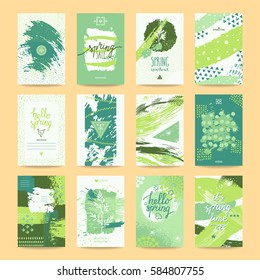 Hello spring greeting card, sale ad, party invitation, flyer & poster. Springtime templates collection with lettering, hand drawn textures, brush strokes, thin line icons, geometric illustrations.
