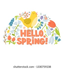 Hello spring greeting card, semicircle banner with cute cartoon hen, chicken, spring flowers and text, vector illustration on white background. Easter greeting card with chicken, flowers and text