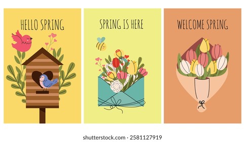 Hello Spring greeting card set in hand drawn style. Cute doodle poster with a birdhouse with birds, a bouquet and an envelope of flowers. Welcome spring invitation card in flat style.