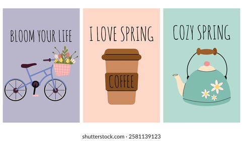 Hello Spring greeting card set in hand drawn style. Cute doodle poster with a coffee cup, a cute teapot,  and a bicycle and a basket of flowers. Welcome spring invitation card in flat style.