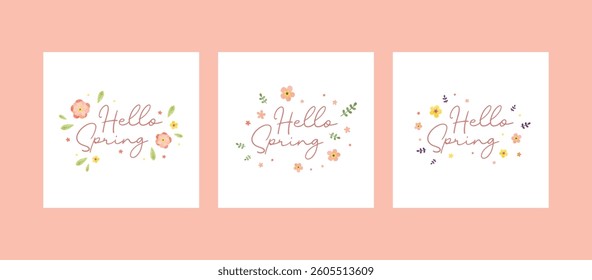 Hello Spring greeting card set in floral flower watercolor illustration border frame design layout background template for print poster invitation etc