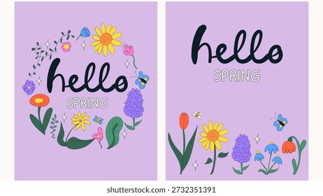 Olá primavera cartão de saudação conjunto convite com flores desenhadas à mão. Ilustração floral da primavera.