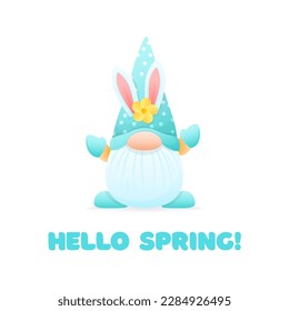 Hello Spring greeting card template. Spring cartoon illustrations of a funny gnome in blue with flower isolated on a white background. Vector 10 EPS.