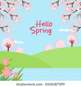 Hello Spring greeting card template. Nature landscape with river or lake and flowering trees. Romantic illustration for social media post, postcard or cover.