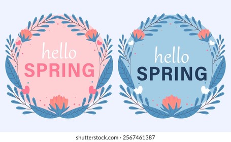 Hello spring greeting card template. Floral springtime hand drawn illustration.
