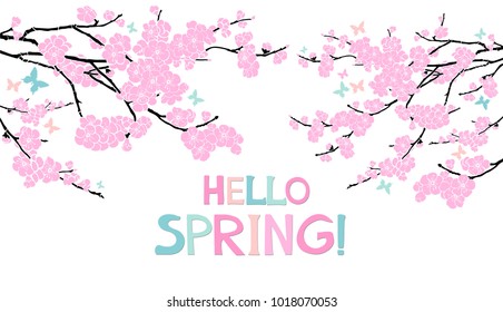 Hello Spring!  Greeting card.  Text Background. Pink flowering tree.  Cherry blossom. Sakura. Vector Illustration