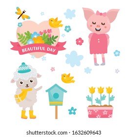 Hello Spring greeting card. ute pig and shep rejoices in spring. birdhouse many flowers and birds. Cute childish illustration.