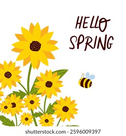Hello Spring Greeting Card, Vector flat cartoon illustrations, sunflowers and flying bee
