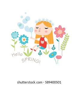 Hello spring! Greeting card in vector. Spring and summer child's outdoor activities. Happy childhood. 